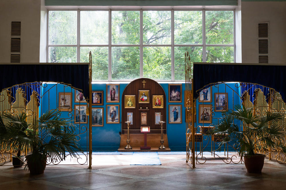 A chapel for workers in the mine's compound in eastern Ukraine.