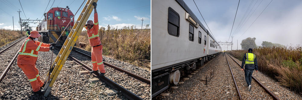 Left: A maintenance team repairs damage to a railway line caused by cable thieves near Kroonstad, South Africa, as the Phelophepa waits to continue its journey through the Free State province. Right: A worker walks down a length of track near the Phelophepa. South Africa's railways have been hit hard by looting in recent years, a problem that has grown dramatically worse during the pandemic.