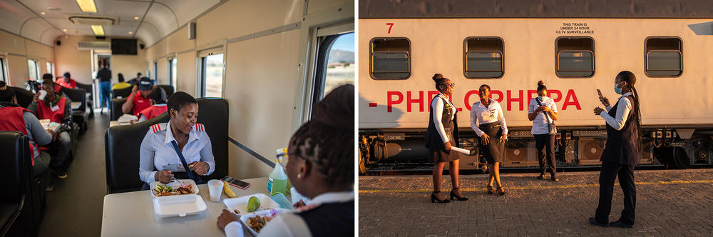 Left: Medical staff eat lunch in the dining carriage of the Phelophepa. Right: Nursing students pose for pictures at the end of their first day of work onboard the Phelophepa in Thaba Nchu, South Africa. Final-year students can spend two weeks on the train supporting the Phelophepa's medical team, gaining invaluable on-the-job experience before completing their studies.