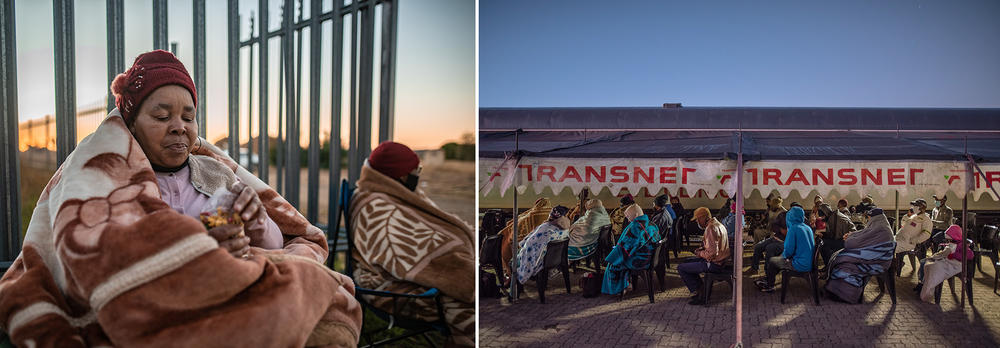 Left: Doris MoKabi wraps herself in a blanket and snacks on popcorn as she settles in to sleep overnight outside the railway platform in Thaba Nchu, South Africa, ahead of a visit to the Phelophepa health-care train the following day. Right: Patients, many of them wrapped in blankets to ward off the pre-dawn cold, sit on the platform of Thaba Nchu railway station.