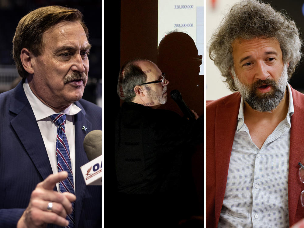 NPR used social media and news reports to track four key men spreading misinformation about the 2020 election (from left to right): MyPillow CEO and longtime Trump supporter Mike Lindell, former high school math and science teacher Douglas Frank, former law professor David Clements, and former U.S. Army Captain Seth Keshel.