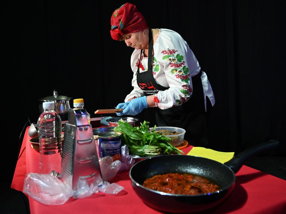 A cook prepares borsch at a March 2021 event in Kyiv to promote Ukraine's bid for UNESCO to recognize the dish as part of the country's historical heritage.