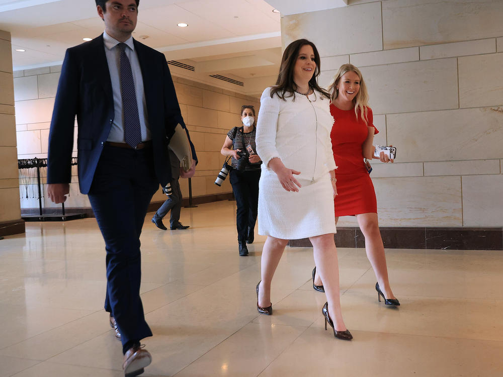 Stefanik (left) and Leavitt (Right) walk through the Capitol Visitors Center on May 14, the day Republican members voted Stefanik to House leadership.