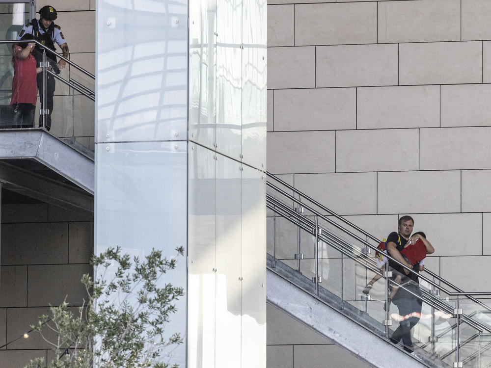 People are evacuated from Field's shopping center in Copenhagen, Denmark Sunday, July 3, 2022.