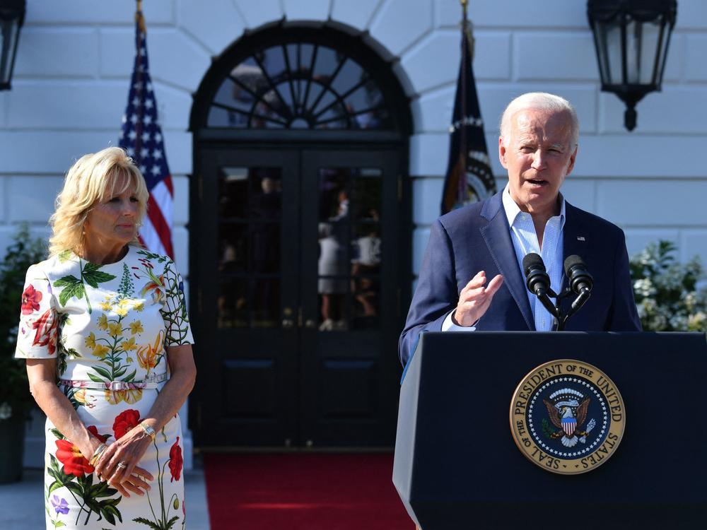 President Biden, with First Lady Jill Biden at his side, delivers remarks at a 4th of July BBQ with military families at the White House.