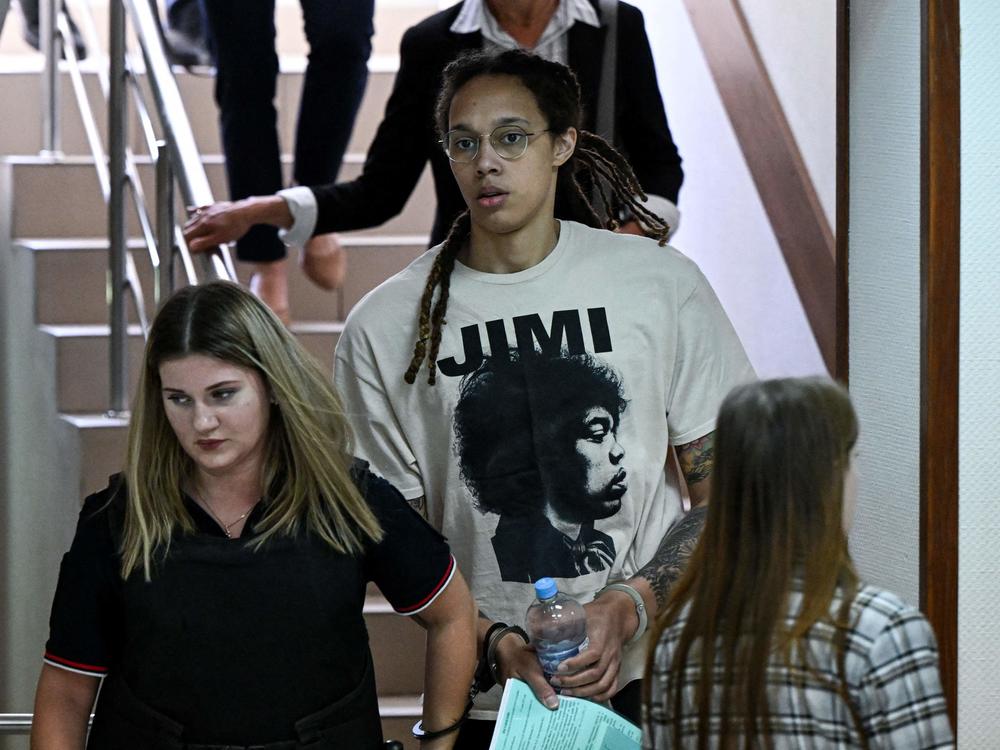 WNBA basketball superstar Brittney Griner arrives to a hearing at the Khimki Court, outside Moscow on July 1, 2022.