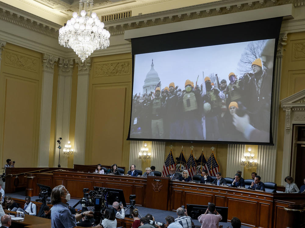Video from Jan. 6, 2021 plays as Cassidy Hutchinson, former aide to Trump White House Chief of Staff Mark Meadows, testifies on June 28.