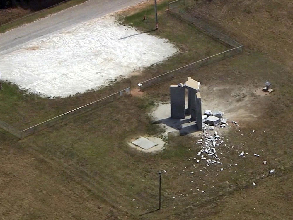 This aerial image taken from video shows damage to the Georgia Guidestones monument near Elberton, Ga., on Wednesday.