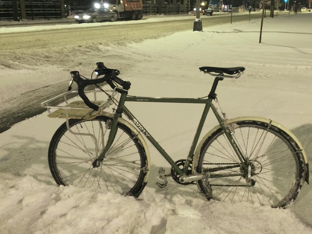 Bill's bike after riding to work in a snowstorm.