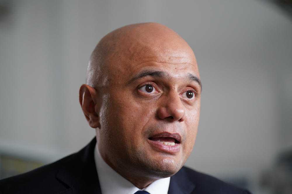 Then-Health Secretary Sajid Javid speaks to the media in a simulation room during a visit to London's Great Ormond Street Hospital, where he announced a new digital health and care plan, on June 29.