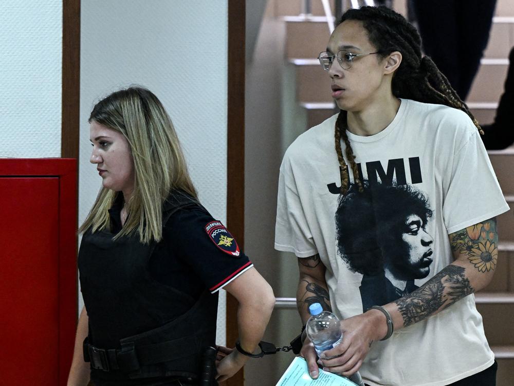 Brittney Griner arrives at the Khimki Court, outside Moscow, for her first court appearance last Friday.