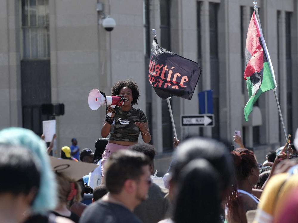 Demonstrators gather outside Akron City Hall on July 3 to protest the killing of Jayland Walker.