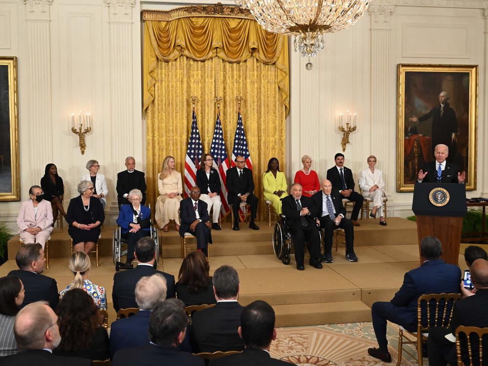 President Joe Biden speaks before presenting the Presidential Medal of Freedom, the nation's highest civilian honor, during a ceremony honoring 17 recipients in the East Room of the White House on Thursday.