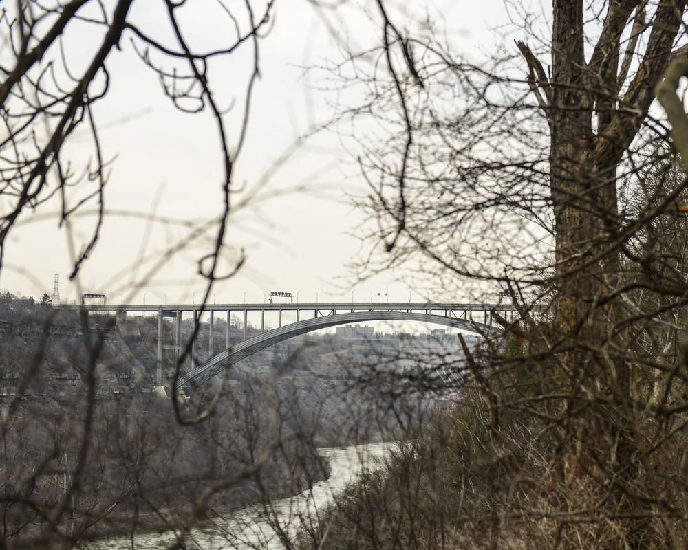 Traffic crosses the U.S.-Canadian border over the Queenston-Lewiston Bridge, looking from the Canadian side.