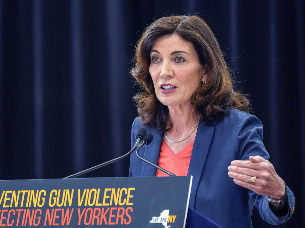 New York Gov. Kathy Hochul speaks during a ceremony to sign a package of bills to strengthen gun laws on June 6, 2022, in New York.
