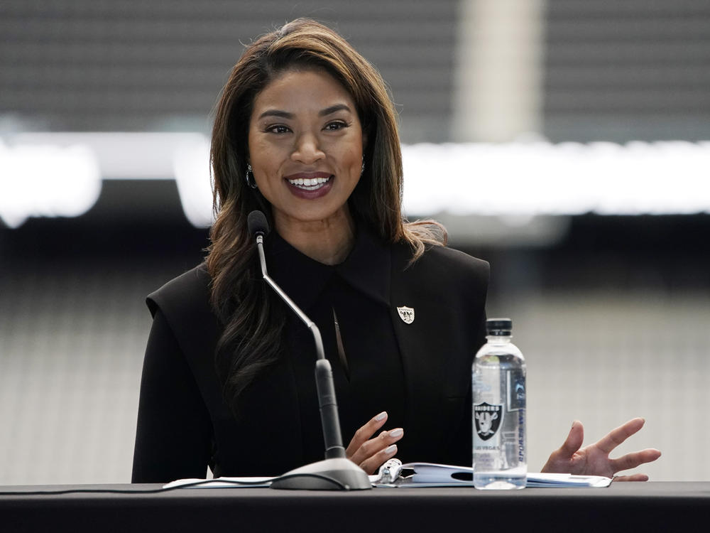 Sandra Douglass Morgan speaks during a news conference announcing her as the new president of the Las Vegas Raiders NFL football team Thursday, July 7, 2022, in Las Vegas.
