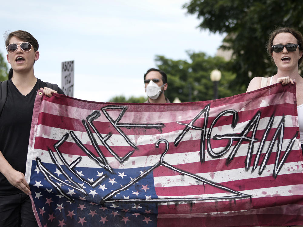 Abortion rights activists march from the Supreme Court to the House of Representatives office buildings on Wednesday.