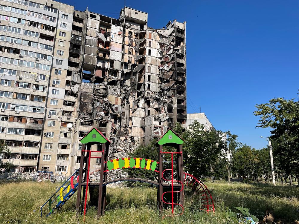 A housing complex in the Kharkiv neighborhood of Saltivka is heavily damaged from Russian attacks.