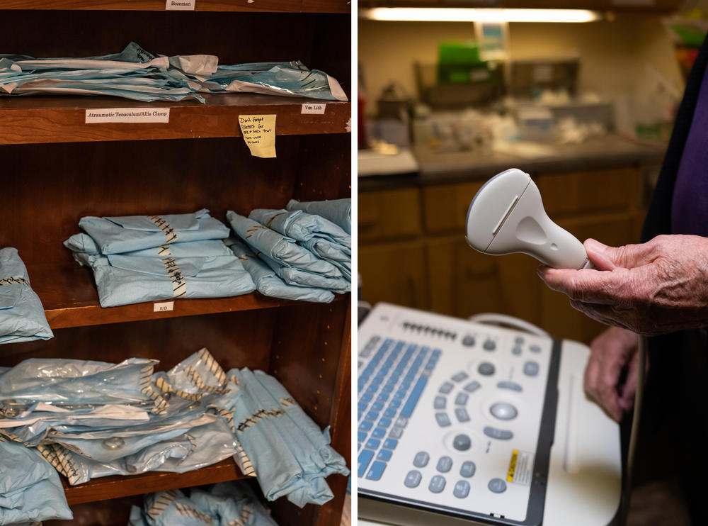 Scrubs inside Southwestern Women's Options, where Dr. Curtis Boyd shows ultrasound equipment.