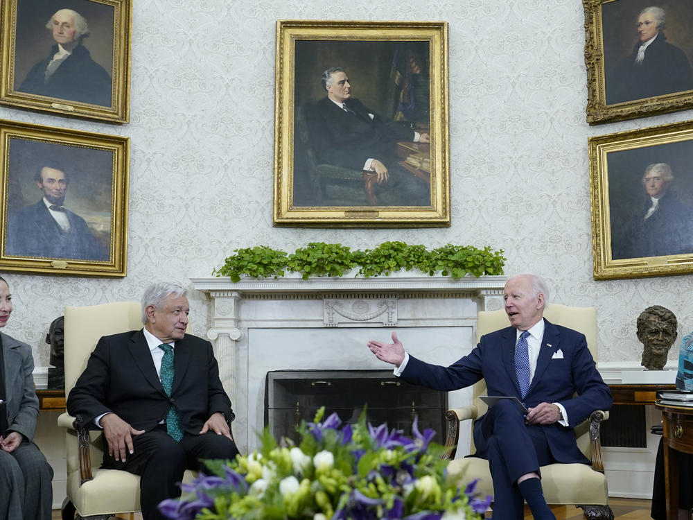 President Biden speaks during his meeting with Mexican President Andres Manuel López Obrador.