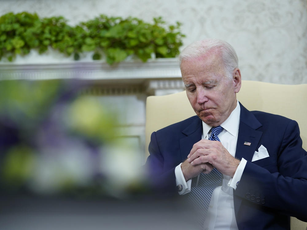 President Biden listens to remarks from Mexico's Andrés Manuel López Obrador.