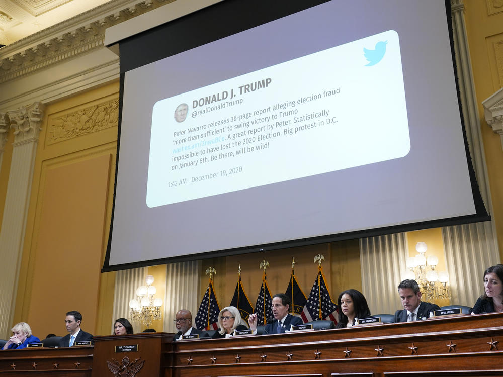 A tweet from former President Donald Trump is shown as the House select committee investigating the Jan. 6 attack on the U.S. Capitol holds a hearing on Tuesday.