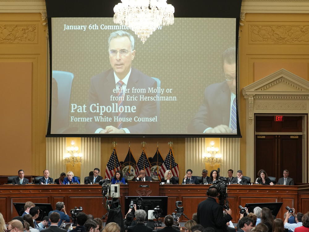 A video of Pat Cipollone, former White House counsel, is shown on a screen during the seventh hearing held by the Select Committee to Investigate the January 6th Attack on the U.S. Capitol on Tuesday.