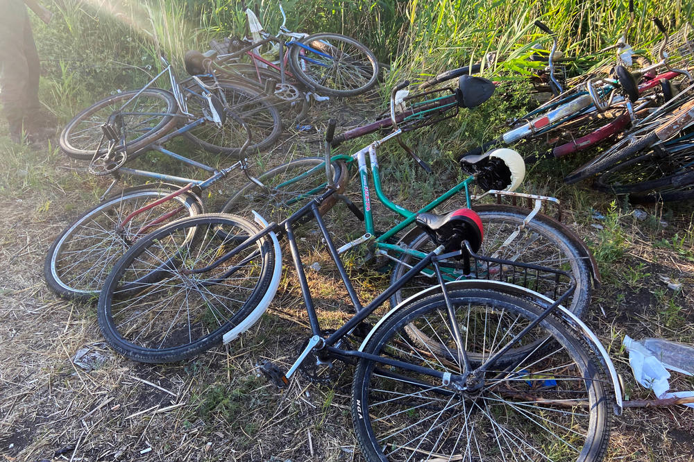 Bikes used by Ukrainian villagers to flee Russian-occupied territory in Kherson region form a pile in Zelenodolsk, in the neighboring Dnipropetrovsk region. Residents fleeing have to sneak past Russian checkpoints and brave intermittent shelling.