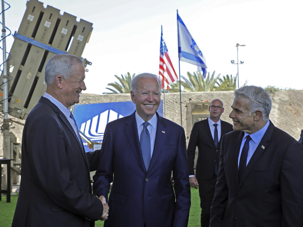 President Biden shook the hand of Israeli Defence Minister Benny Gantz during a tour of Israel's Iron Dome defense system.