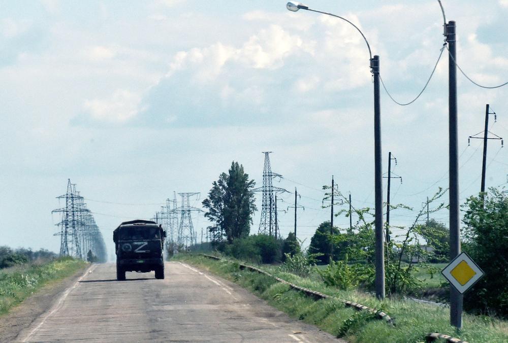 A Russian military truck painted with the letter Z moves on a road in the Kherson region on May 19. Russia seized areas in the region in the weeks after launching its invasion of Ukraine in late February.