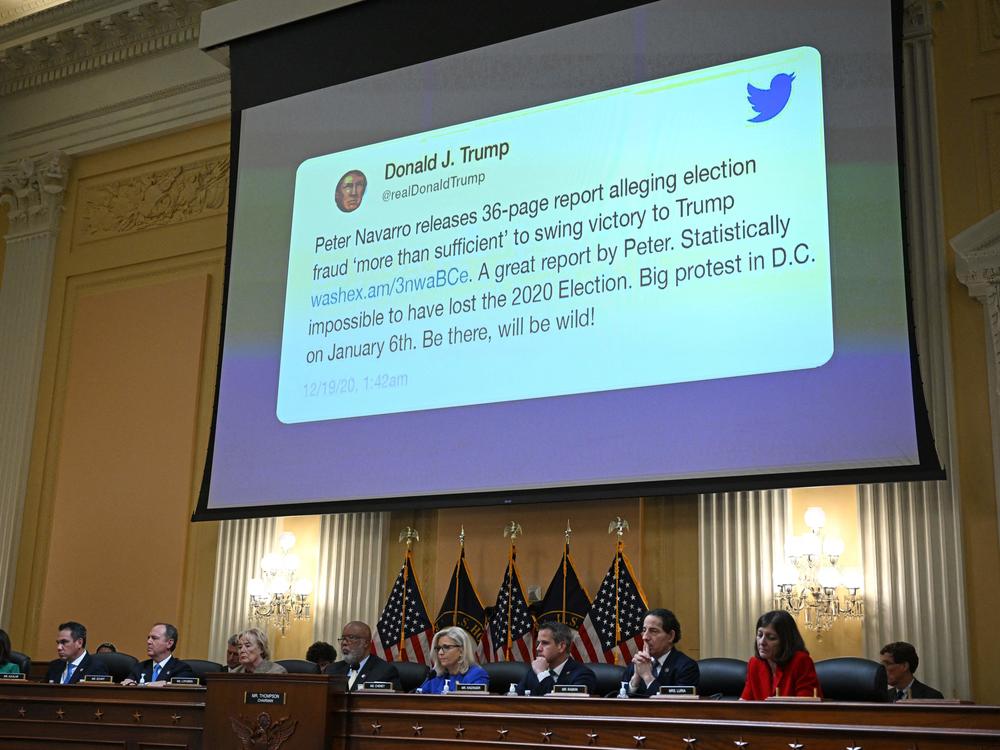 A tweet by former President Donald Trump appears on screen during a House Select Committee hearing to investigate the Jan. 6 attack on the U.S. Capitol. Court documents reveal this tweet drew rioters to Washington, D.C., that day.