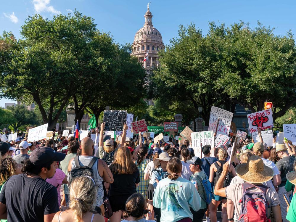 Abortion rights protesters gather at the Texas state capitol in Austin in June.