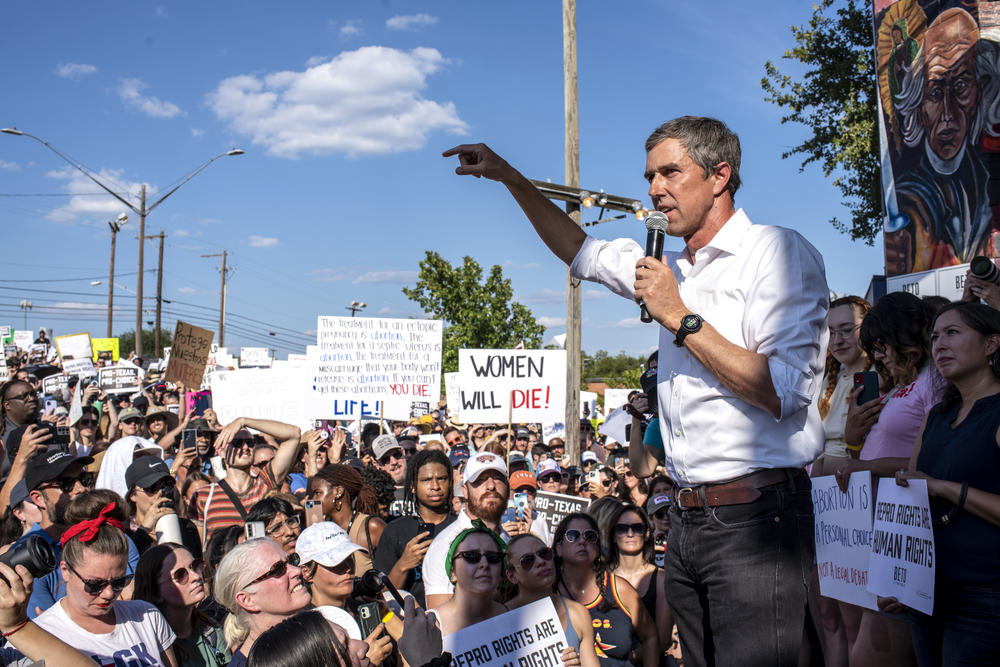 Beto O'Rourke, the Democratic candidate for Texas governor, speaks at a rally in June. He has vowed to veto new abortion restrictions.