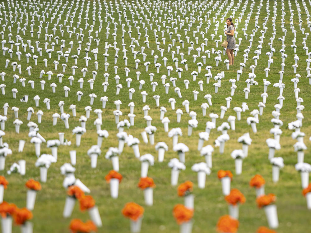 A field of flowers representing deaths from gun violence at the Giffords Gun Violence Memorial in front of the Washington Monument on June 7, 2022 in Washington, DC.