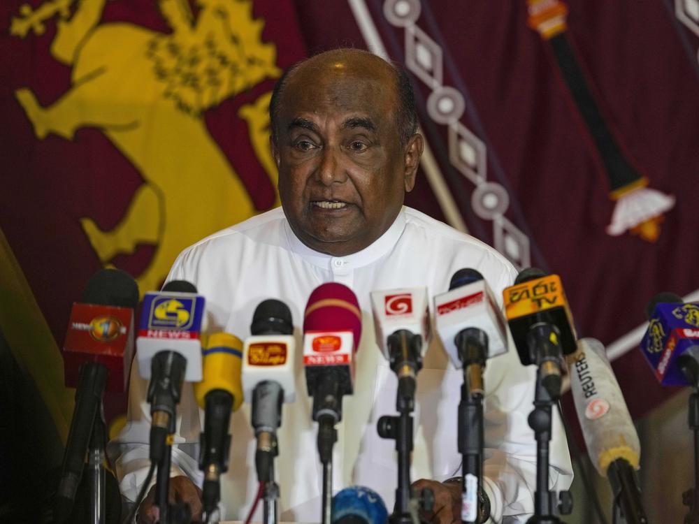 Sri Lanka's Parliament Speaker Mahinda Yapa Abeywardana speaks during a press conference in Colombo, Sri Lanka, Friday, July 15, 2022.
