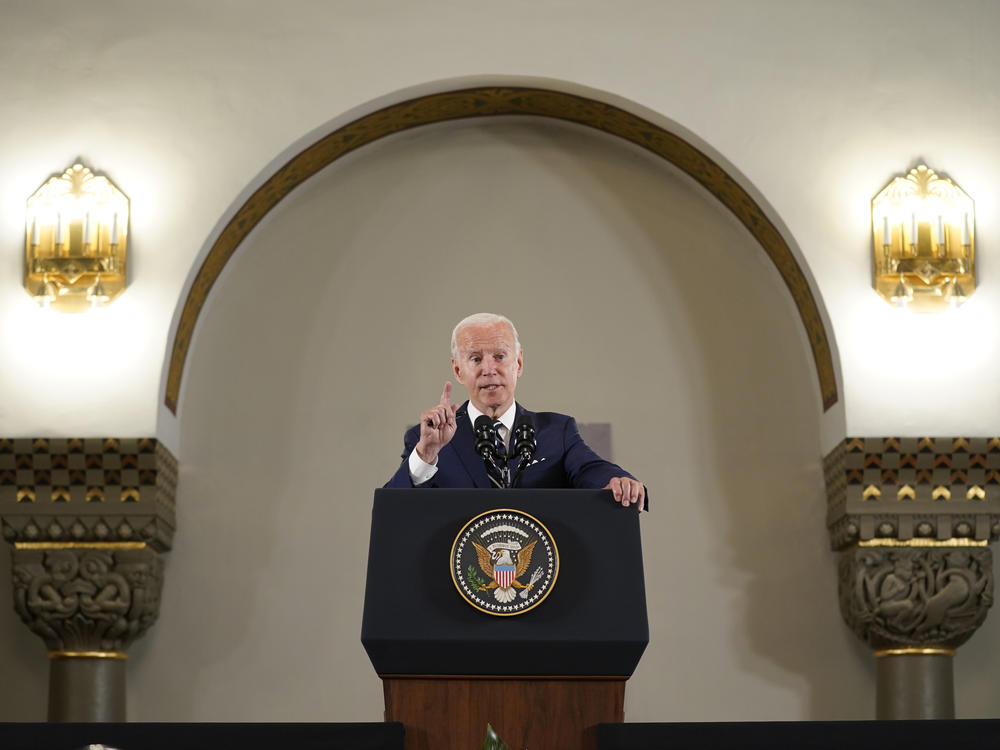 U.S. President Joe Biden speaks at the Augusta Victoria Hospital in east Jerusalem on Friday. Biden announced a U.S. investment of $100 million for a network of hospitals.