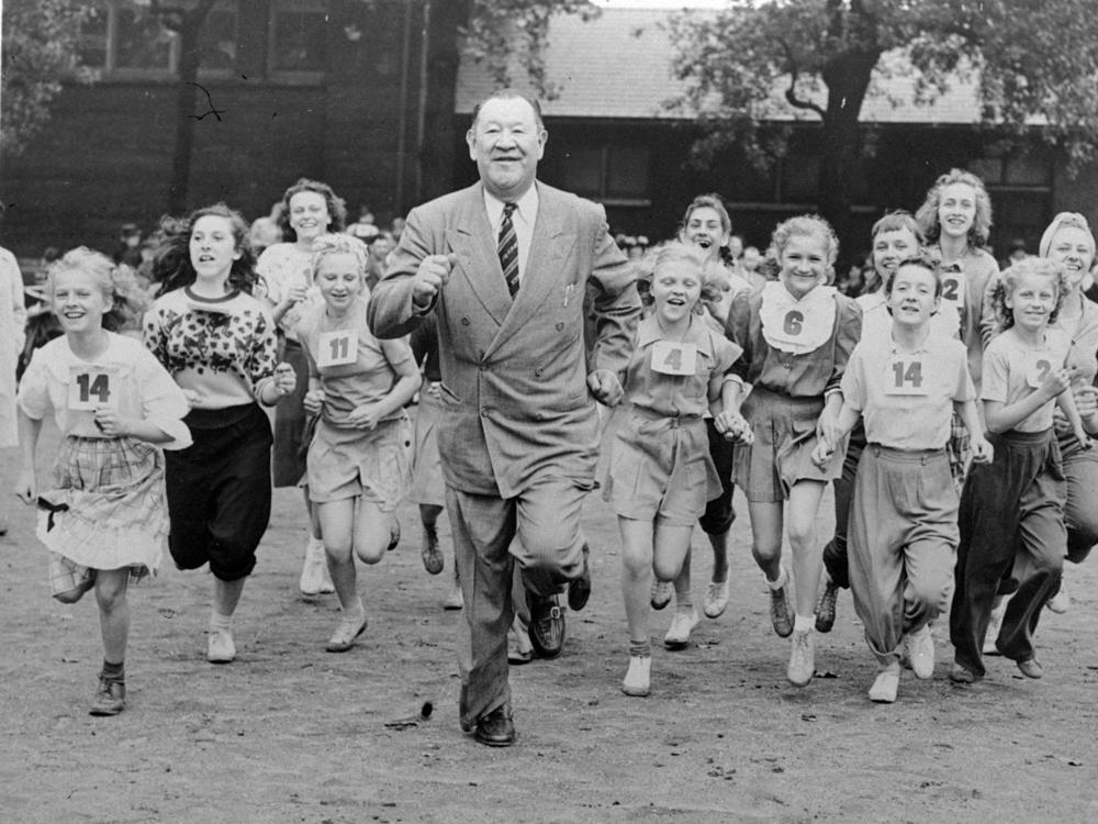 Jim Thorpe, the famed American athlete and U.S. Olympic great runs during a Junior Olympics event in Chicago on June 6, 1948. Thorpe has been reinstated as the sole winner of the 1912 Olympic pentathlon and decathlon.