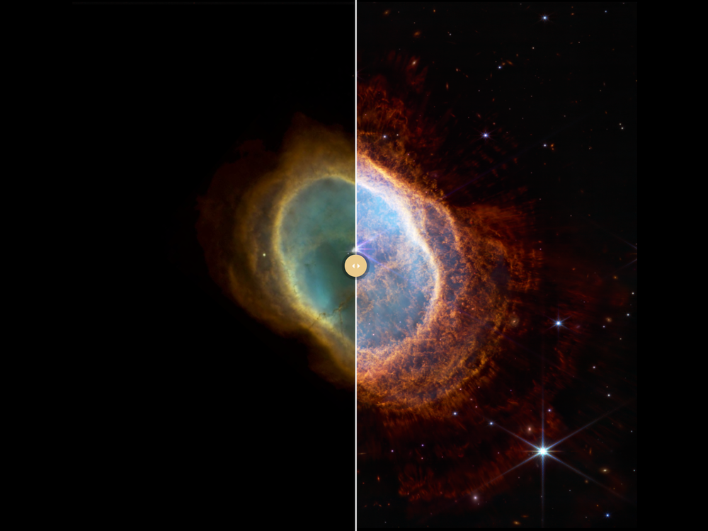 A composite image comparing images of the Southern Ring nebula captured by the Hubble Space Telescope (left) and James Webb Space Telescope (right).