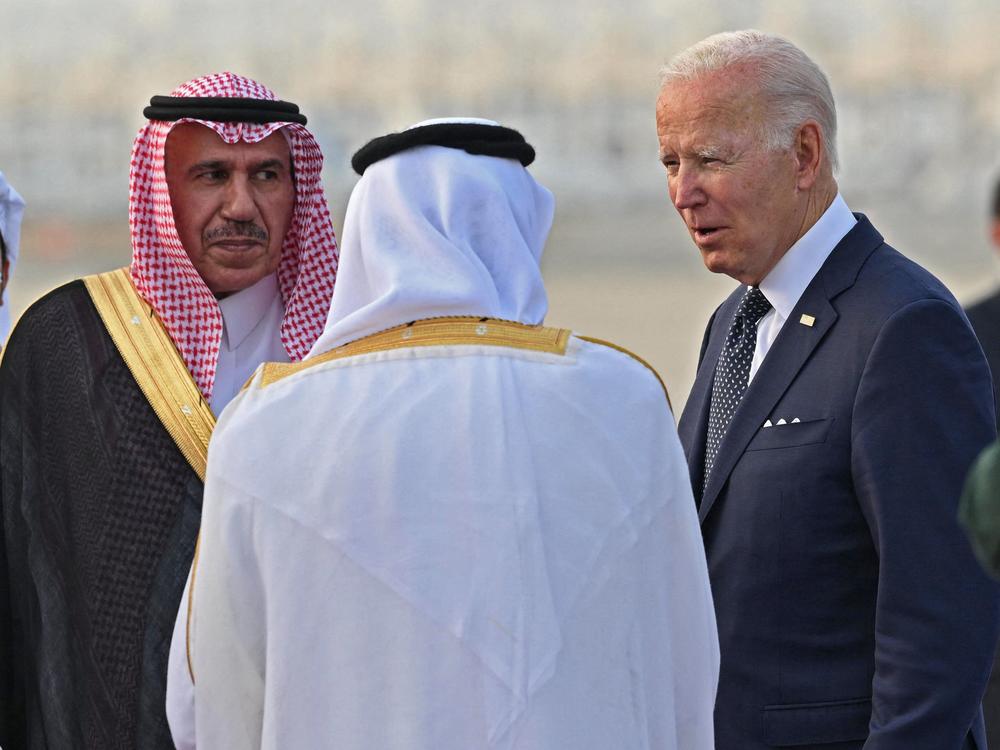 President Biden is welcomed at King Abdulaziz International Airport in the Saudi coastal city of Jeddah. He was later greeted by Saudi Arabia's Crown Prince Mohammad bin Salman.
