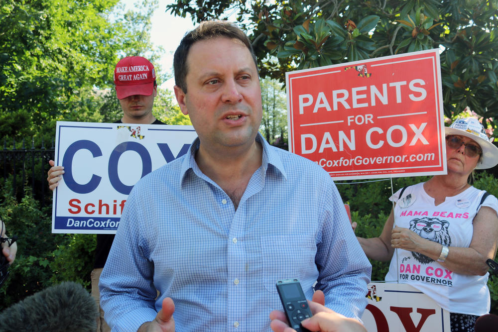 Del. Dan Cox, a Maryland state lawmaker who is seeking the Republican nomination for governor of Maryland, talks to reporters, in Annapolis, Md., Thursday, June 30, 2022.