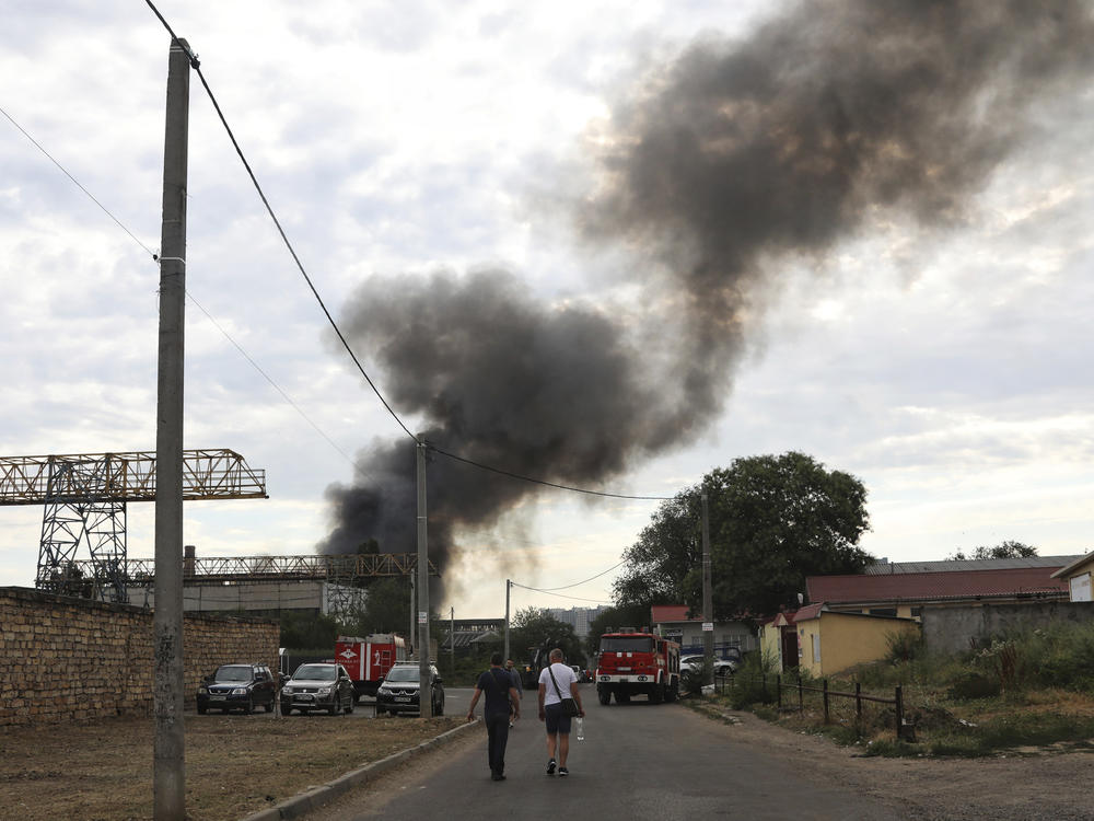 Smoke rises in the air after shelling in Odesa, Ukraine.