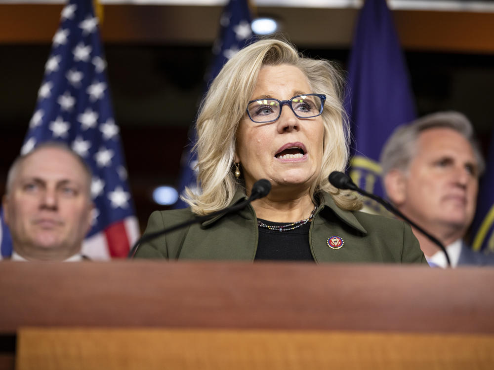 Then-Republican Conference Chair Rep. Liz Cheney, flanked by House Minority Leader Rep. Kevin McCarthy, right, and Republican Whip Rep. Steve Scalise, criticizes Democrats' impeachment of then-President Donald Trump in December 2019. Now she is trying to convince the public that Trump is to blame for the Jan. 6 insurrection.