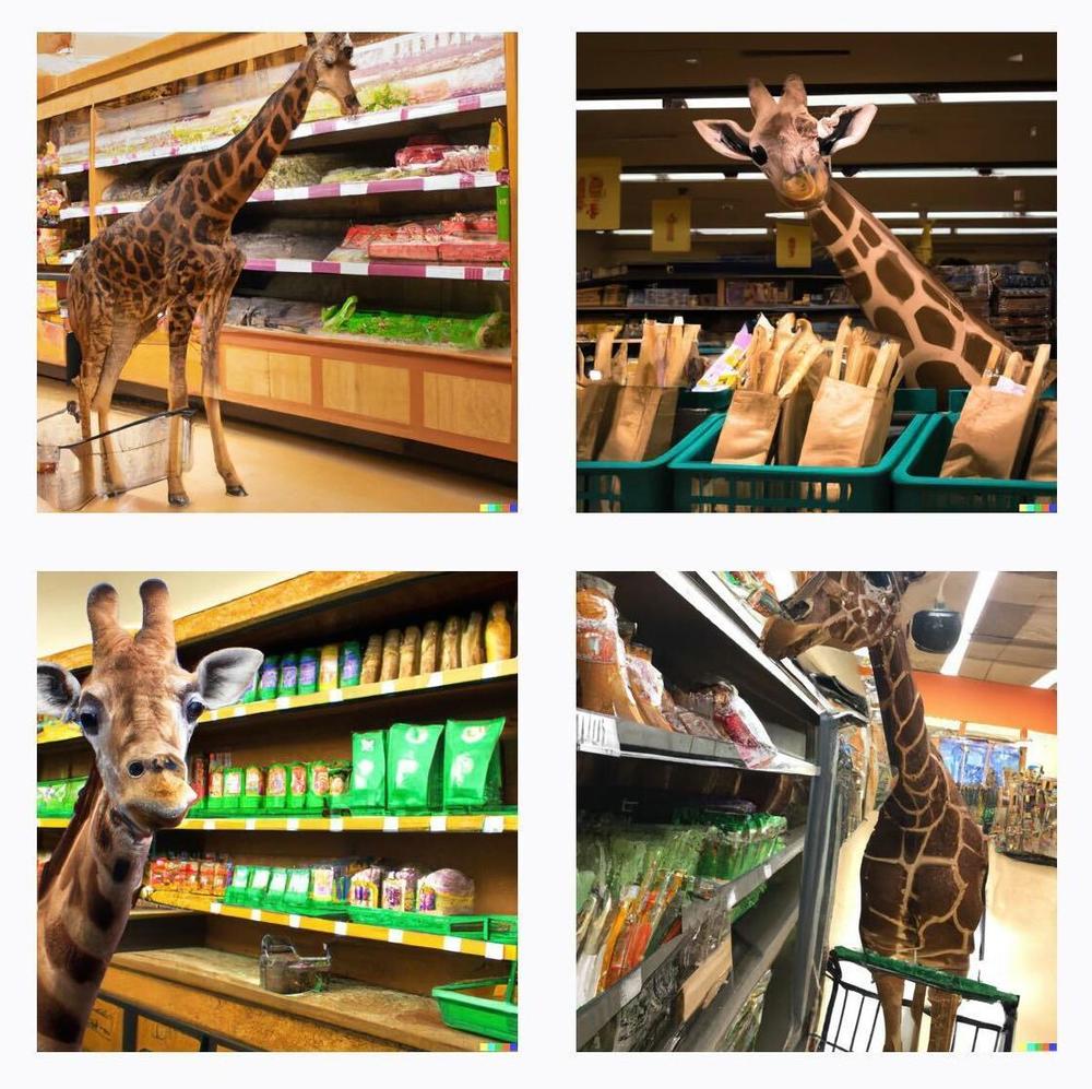 DALL-E2, the AI image tool, generated these images of a giraffe shopping in a grocery store.