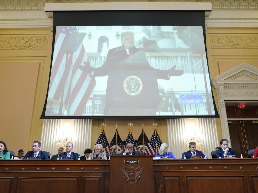 A video of former President Donald Trump speaking during a rally near the White House on Jan. 6, 2021, is shown at a June 9 hearing before the House Jan. 6 committee.