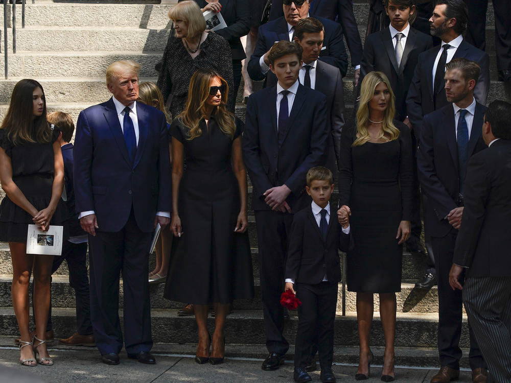 Former President Donald Trump, Melania Trump, Barron Trump, Jared Kushner, Ivanka Trump, Donald Trump Jr. and Eric Trump leave St. Vincent Ferrer Roman Catholic Church in New York after the funeral of Ivana Trump on Wednesday.