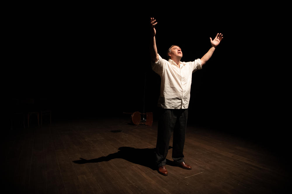Igor Kytrysh, actor for the Donetsk Regional Drama Theatre of Mariupol, on stage during a rehearsal for their play 