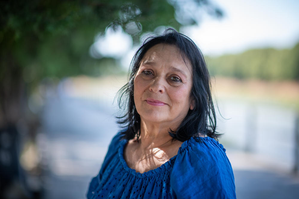 Vira Lebedynska, actress for the Donetsk Regional Drama Theatre of Mariupol, poses in Uzhhorod on July 15, 2022.