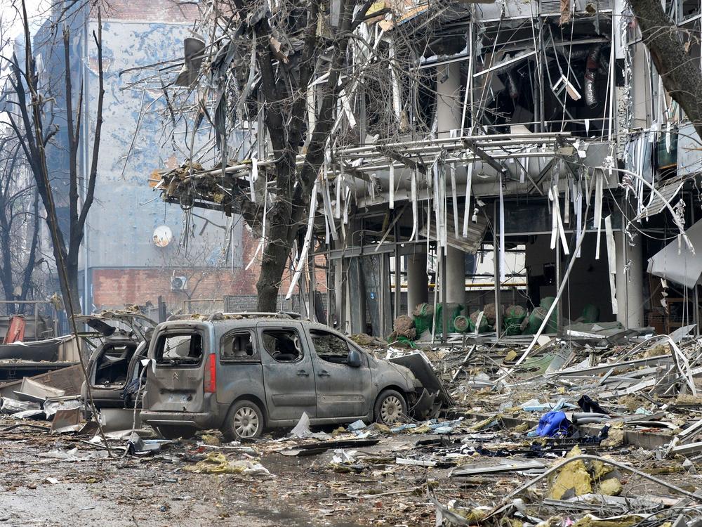 A view of a damaged building, which is said was hit by recent shelling in Kharkiv.