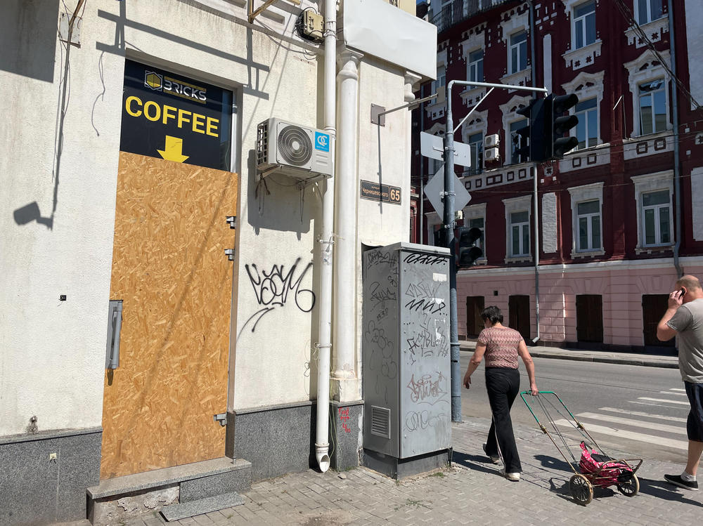 Bricks Coffee and Desserts has reopened 5 of its 18 cafes in Kharkiv. This one near downtown remains boarded up.