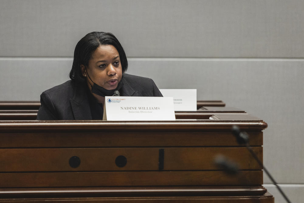 Nadine Williams, interim elections director for Fulton County, speaks during the Board of Registration and Elections meeting at Assembly Hall in Atlanta on July 14.